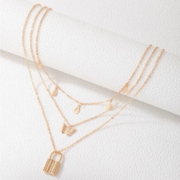 GOLD Butterfly & Lock Layered Necklace - Picture 2 of 2